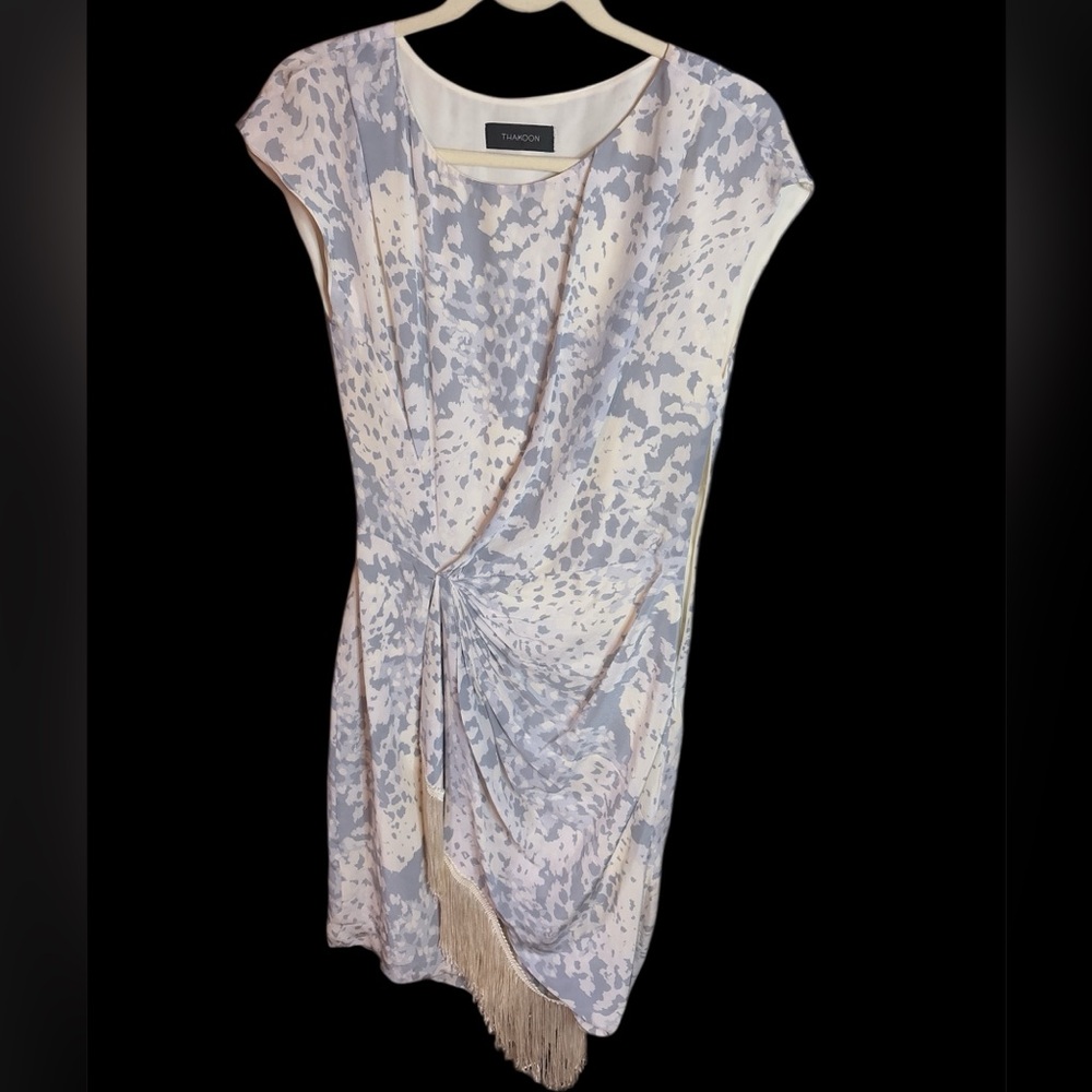 THAKOON blue white silk leopard print Asymmetrical dress fringe 4 gathered waist